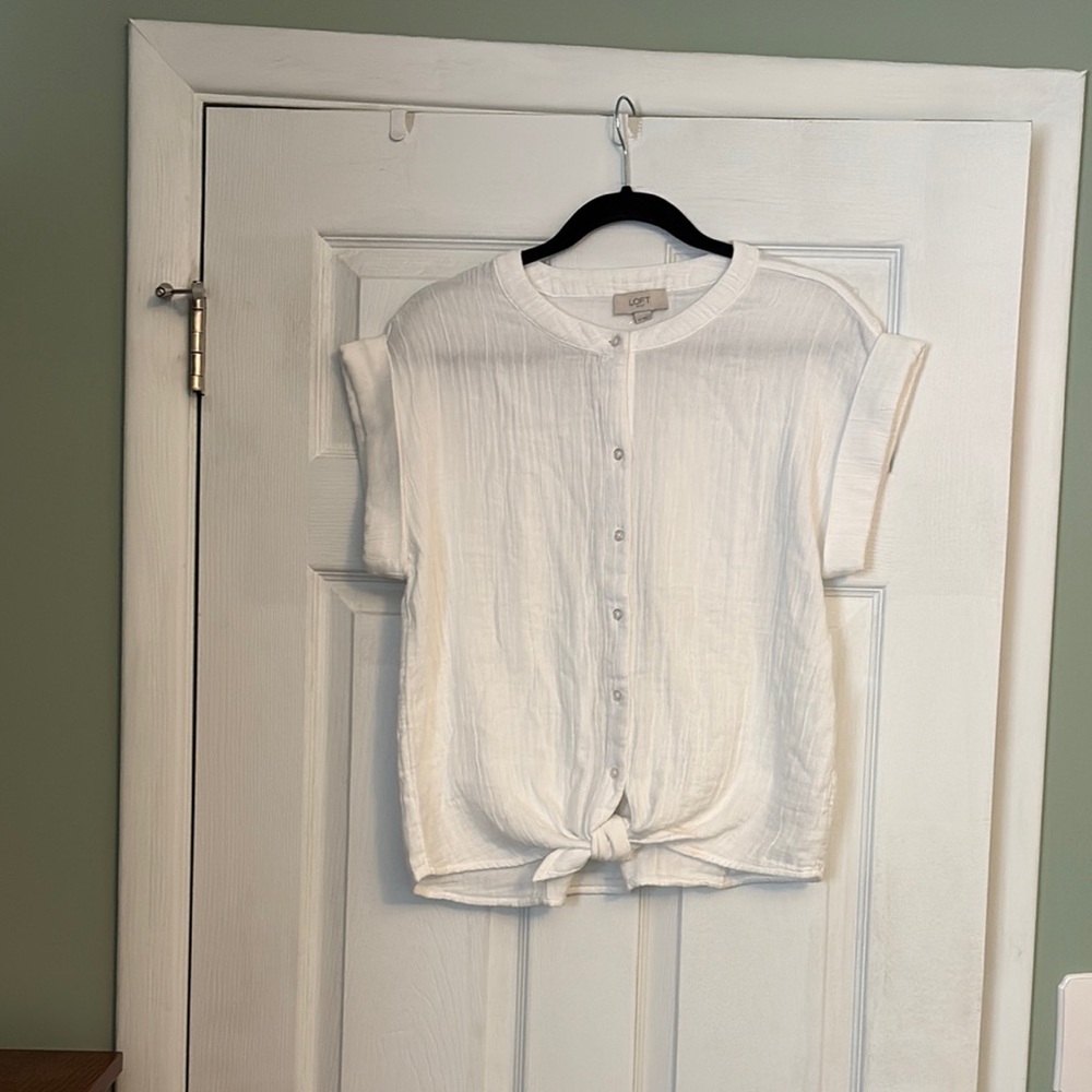 LOFT White Mandarin Collar Button Down Shirt